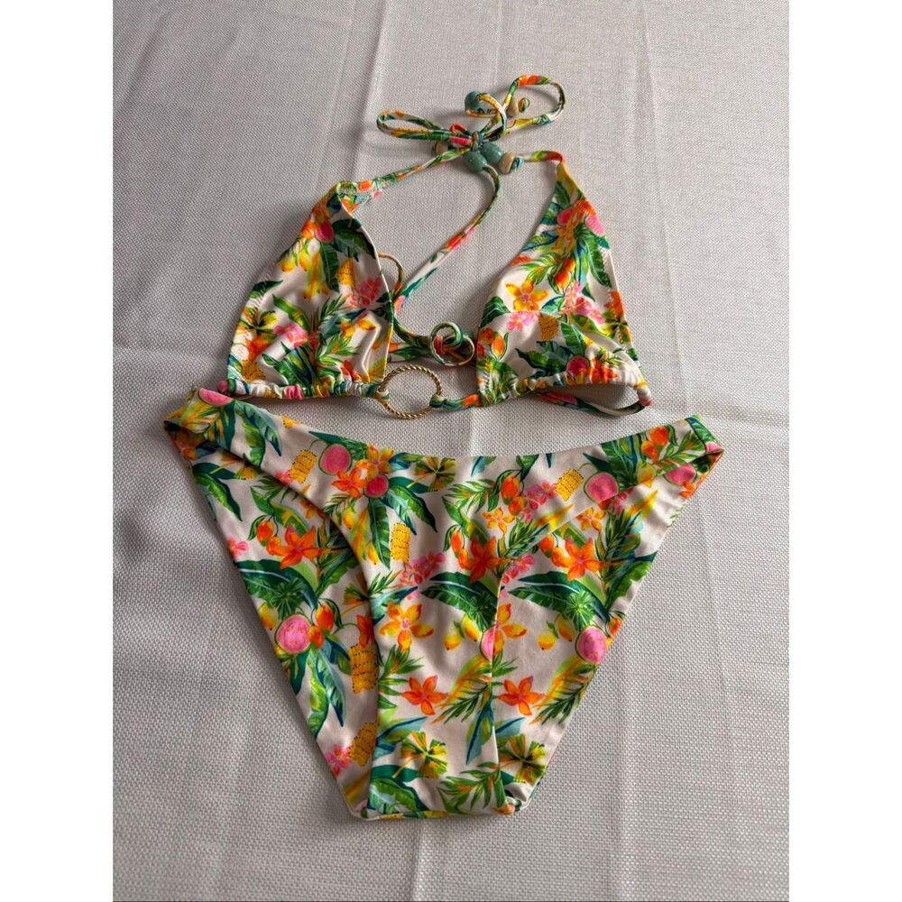 KuLani Kinis White Floral Golden Hour 2 Piece Bikini Size Medium Top XS Bottoms
